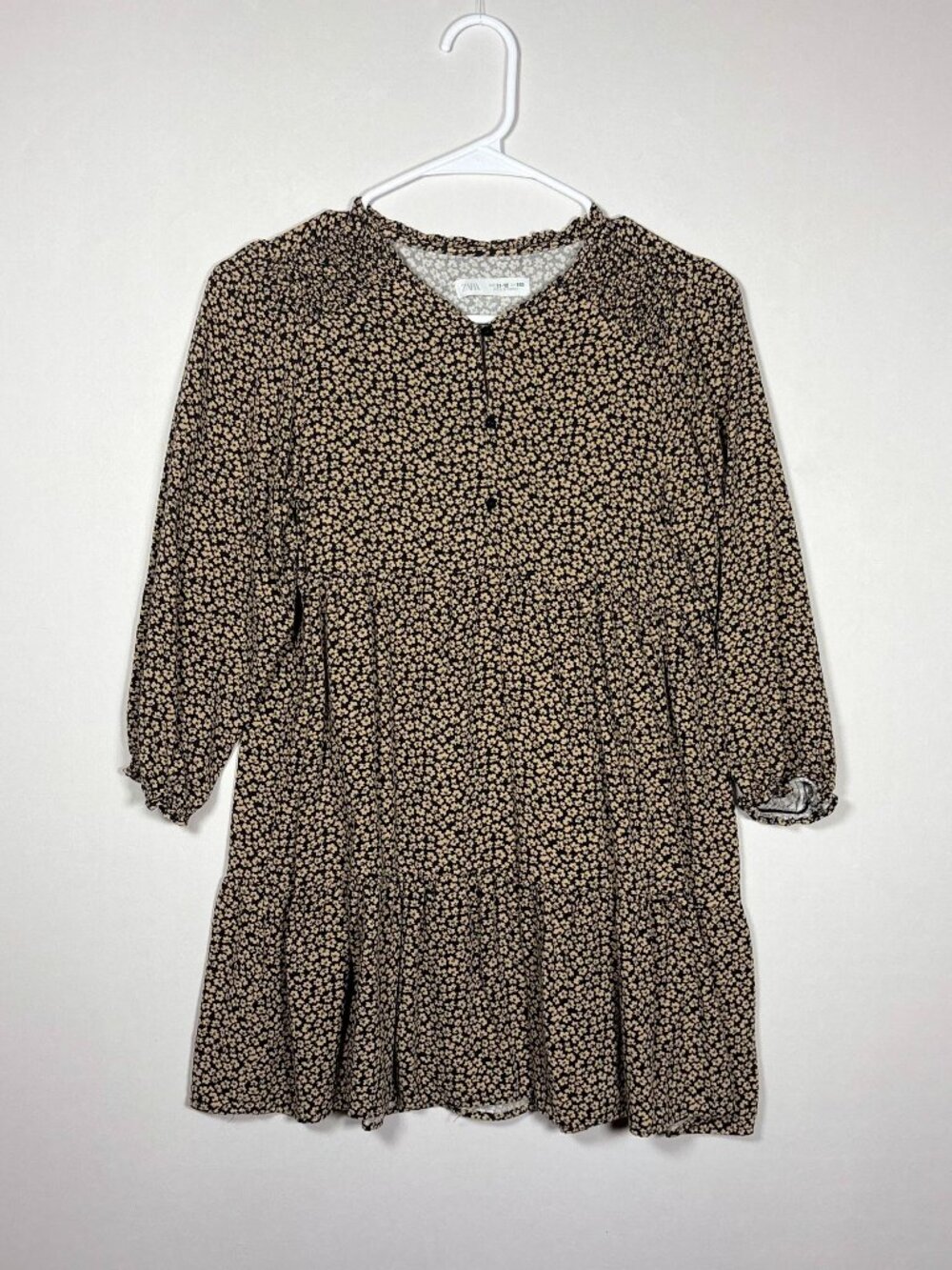 Zara Black/Beige Ditsy Floral Button Tiered Smocked Dress Girls Size 11-12